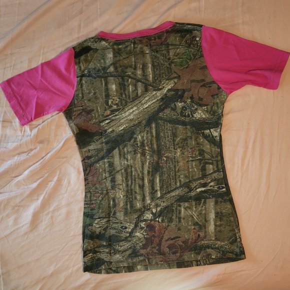 Mossy Oak V-Neck Ringer T-shirt Camo Hot Pink Women's Breakup Infinity Sz Medium - Picture 4 of 4